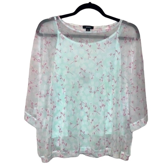 ALFANI Mint Green Floral Blouse Size XL Petite Sheer Short Sleeve Top Over Cami - Picture 3 of 10